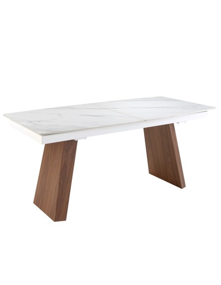 Mesa comedor extensible ovalada barril mármol porcelánico y nogal