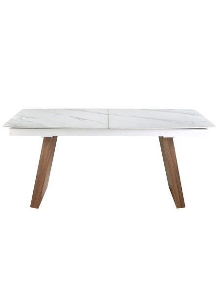 Mesa comedor extensible ovalada barril mármol porcelánico y nogal
