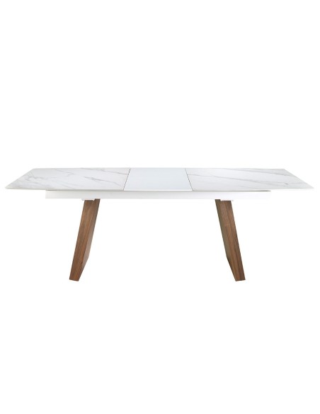 Mesa comedor extensible ovalada barril mármol porcelánico y nogal