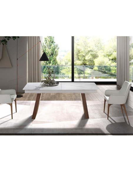 Mesa comedor extensible ovalada barril mármol porcelánico y nogal