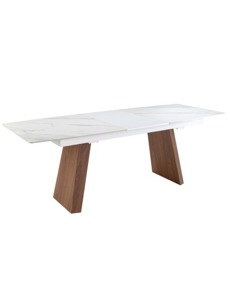 Mesa comedor extensible ovalada barril mármol porcelánico y nogal