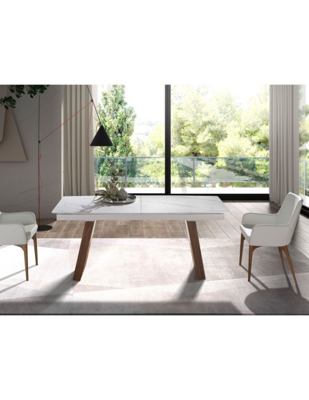 Mesa comedor extensible ovalada barril mármol porcelánico y nogal