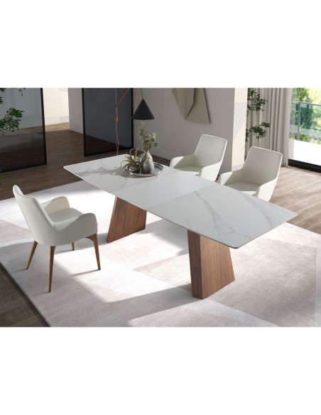 Mesa comedor extensible ovalada barril mármol porcelánico y nogal