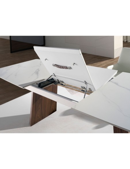 Mesa comedor extensible ovalada barril mármol porcelánico y nogal
