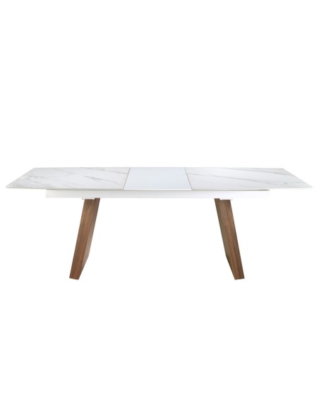 Mesa comedor extensible ovalada barril mármol porcelánico y nogal