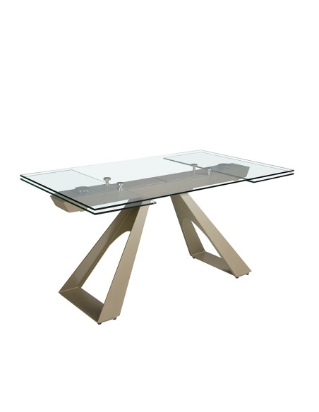 Mesa comedor extensible rectangular cristal templado y acero color champagne
