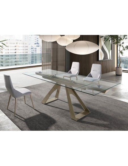 Mesa comedor extensible rectangular cristal templado y acero color champagne