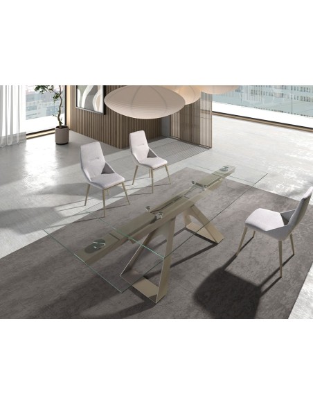 Mesa comedor extensible rectangular cristal templado y acero color champagne