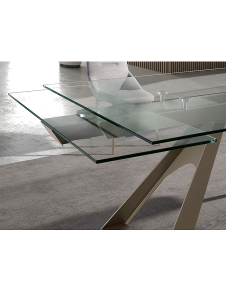 Mesa comedor extensible rectangular cristal templado y acero color champagne