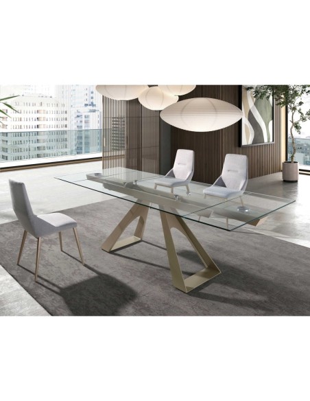 Mesa comedor extensible rectangular cristal templado y acero color champagne