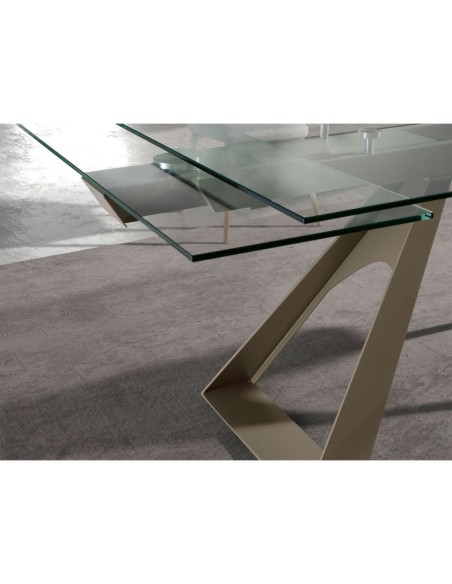 Mesa comedor extensible rectangular cristal templado y acero color champagne