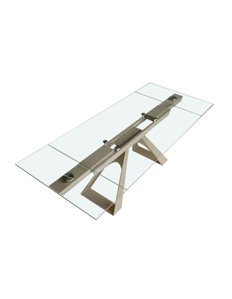 Mesa comedor extensible rectangular cristal templado y acero color champagne