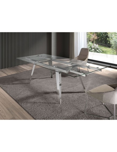Mesa comedor extensible rectangular cristal templado y acero cromado