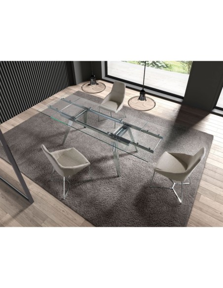 Mesa comedor extensible rectangular cristal templado y acero cromado