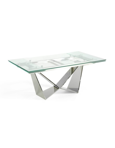 Mesa comedor extensible rectangular cristal templado y acero cromado