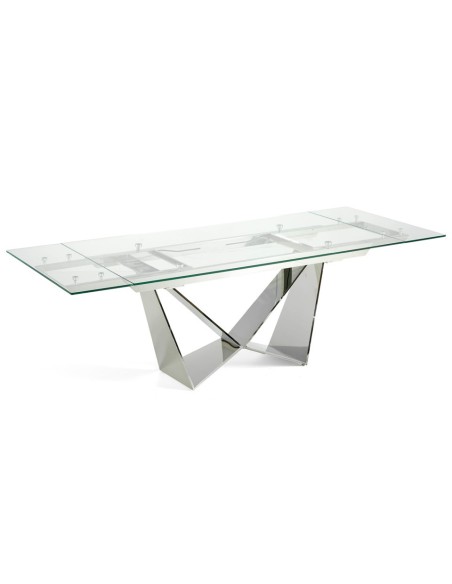 Mesa comedor extensible rectangular cristal templado y acero cromado