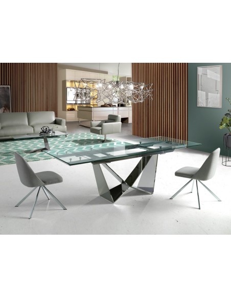 Mesa comedor extensible rectangular cristal templado y acero cromado