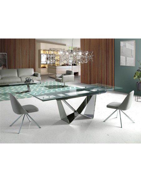 Mesa comedor extensible rectangular cristal templado y acero cromado