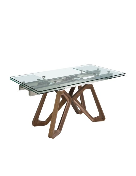 Mesa comedor extensible rectangular cristal templado y nogal