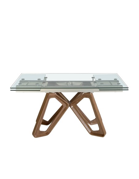Mesa comedor extensible rectangular cristal templado y nogal