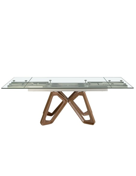 Mesa comedor extensible rectangular cristal templado y nogal