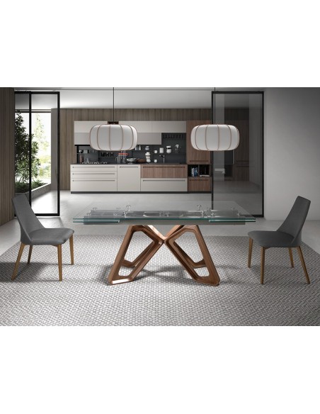 Mesa comedor extensible rectangular cristal templado y nogal