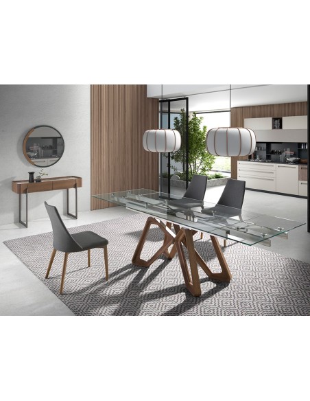 Mesa comedor extensible rectangular cristal templado y nogal