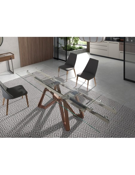 Mesa comedor extensible rectangular cristal templado y nogal
