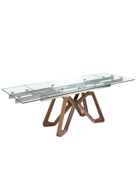 Mesa comedor extensible rectangular cristal templado y nogal