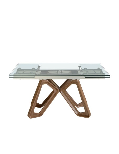 Mesa comedor extensible rectangular cristal templado y nogal