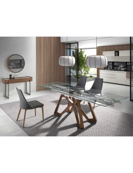 Mesa comedor extensible rectangular cristal templado y nogal
