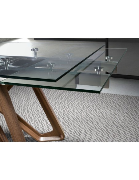 Mesa comedor extensible rectangular cristal templado y nogal