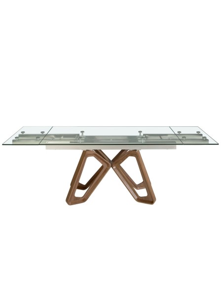 Mesa comedor extensible rectangular cristal templado y nogal