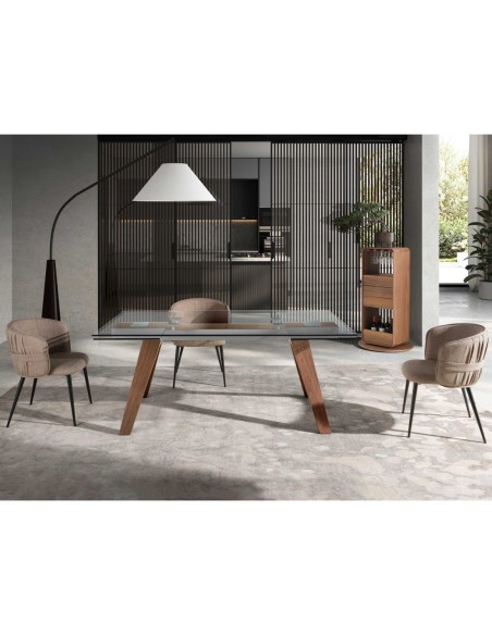 Mesa comedor extensible rectangular cristal templado y nogal