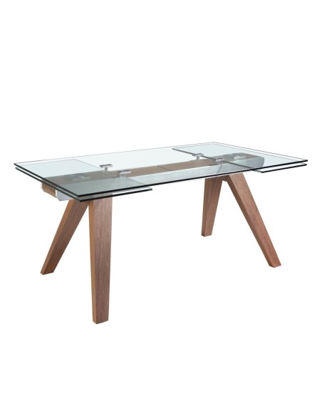 Mesa comedor extensible rectangular cristal templado y nogal