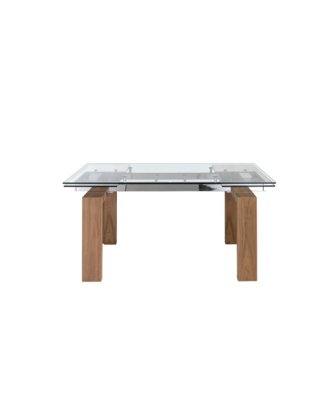 Mesa comedor extensible rectangular cristal templado y nogal