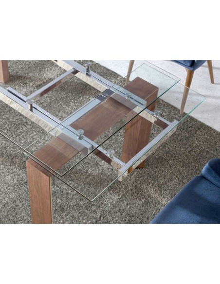 Mesa comedor extensible rectangular cristal templado y nogal