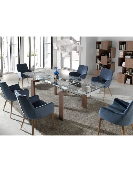 Mesa comedor extensible rectangular cristal templado y nogal