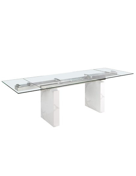 Mesa comedor extensible rectangular cristal templado, mármol porcelánico