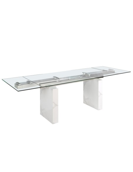 Mesa comedor extensible rectangular cristal templado, mármol porcelánico