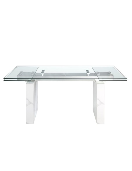 Mesa comedor extensible rectangular cristal templado, mármol porcelánico