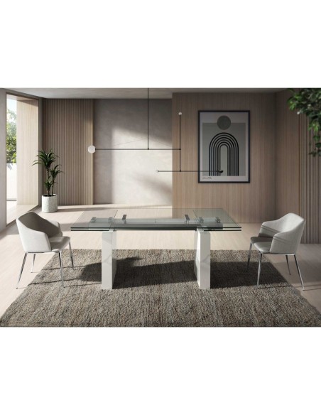 Mesa comedor extensible rectangular cristal templado, mármol porcelánico
