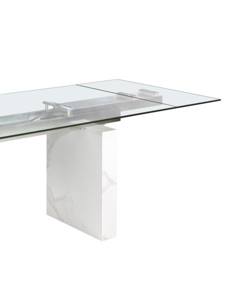 Mesa comedor extensible rectangular cristal templado, mármol porcelánico