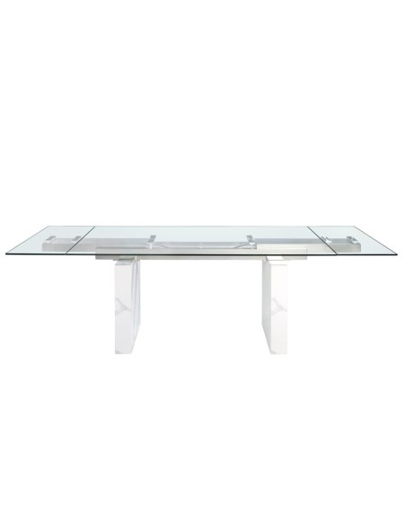 Mesa comedor extensible rectangular cristal templado, mármol porcelánico