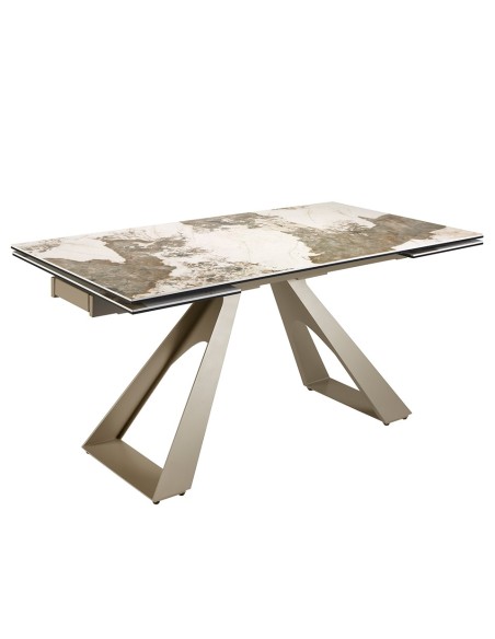 Mesa comedor extensible rectangular mármol porcelánico y acero color champagne