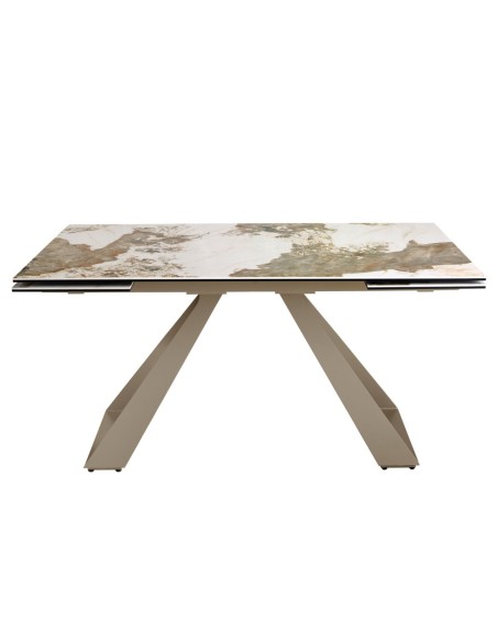 Mesa comedor extensible rectangular mármol porcelánico y acero color champagne