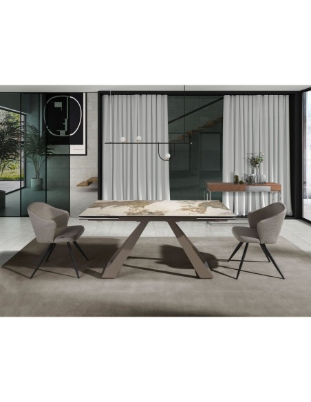 Mesa comedor extensible rectangular mármol porcelánico y acero color champagne