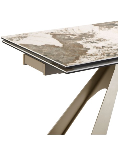 Mesa comedor extensible rectangular mármol porcelánico y acero color champagne