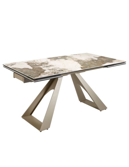 Mesa comedor extensible rectangular mármol porcelánico y acero color champagne