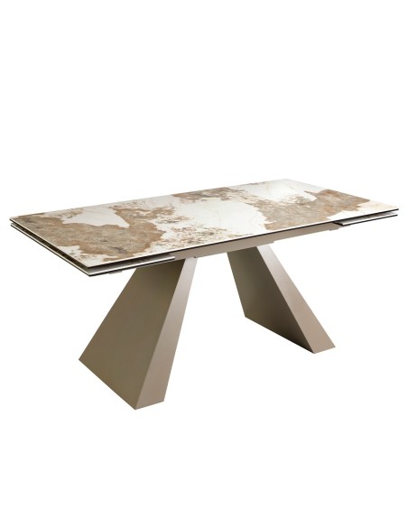 Mesa comedor extensible rectangular mármol porcelánico y acero color champagne